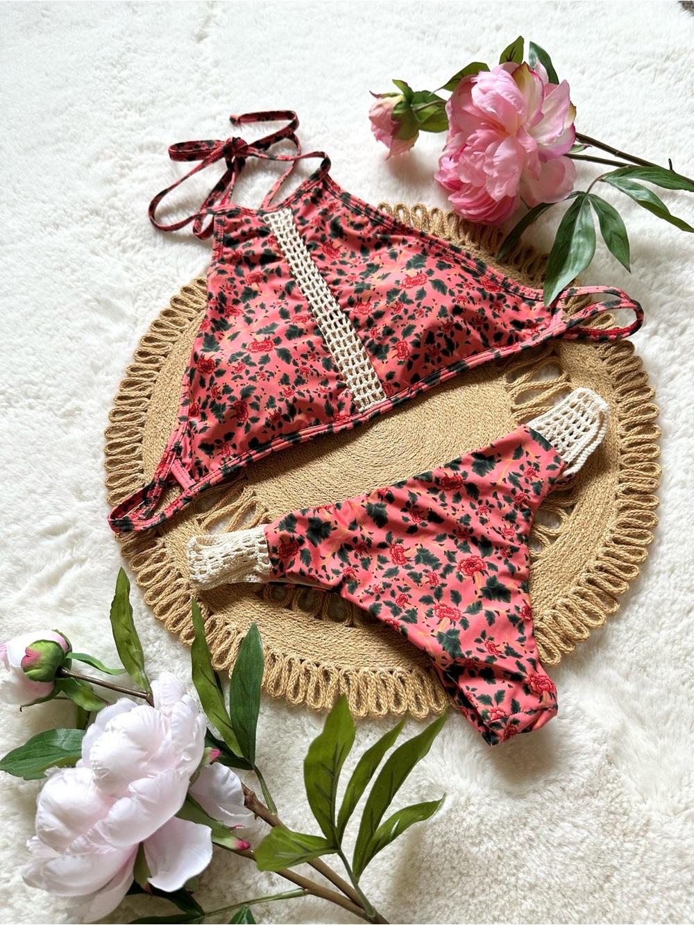 Athenas Swimwear Floral Handmade Crochet-Trim Halter Bikini Set - Red S
